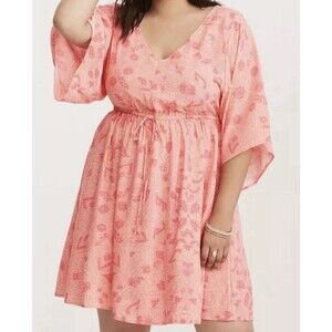 Torrid Plus Size 2 Coral Floral Challis Lattice Bell Sleeve Dress Rayon
